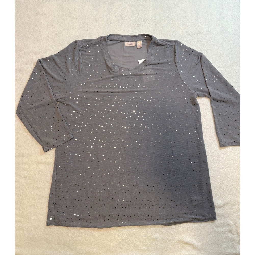 LOGO Layers Lori Goldstein Grey Silver Foil Polka Dot 3/4 Sleeve Top NWT XL